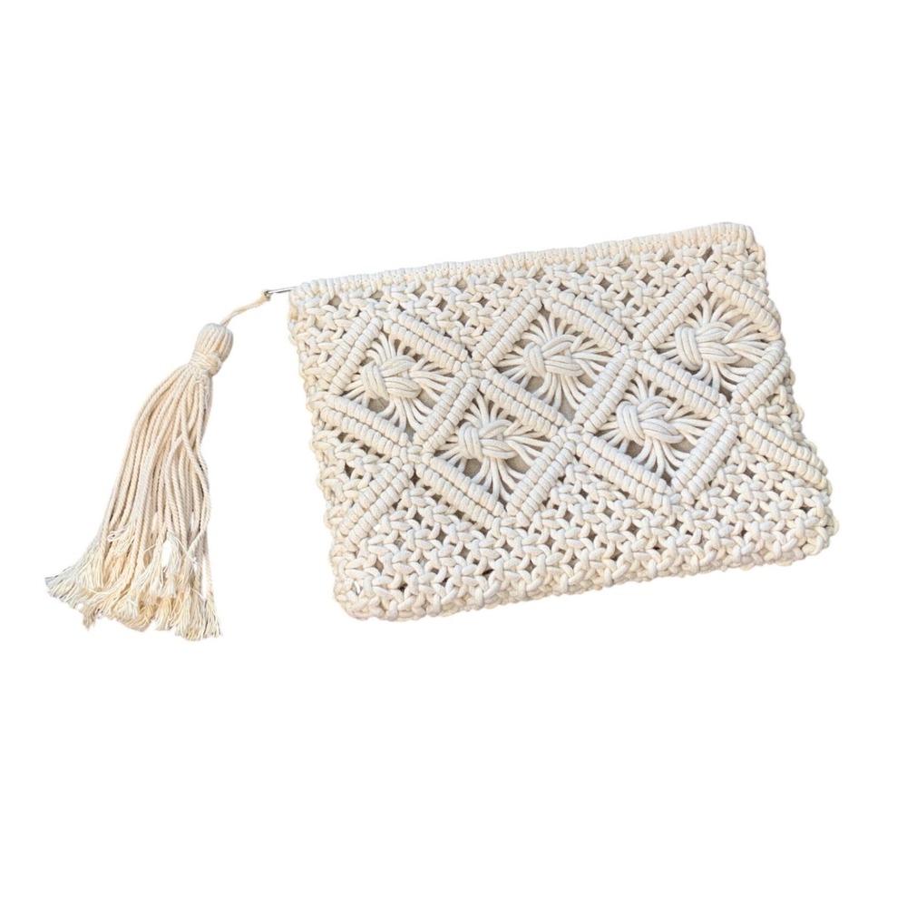 Cream Macrame Tassel Clutch Bag Boho Woven‎ Cotton Zipper Pouch Off White 10x7